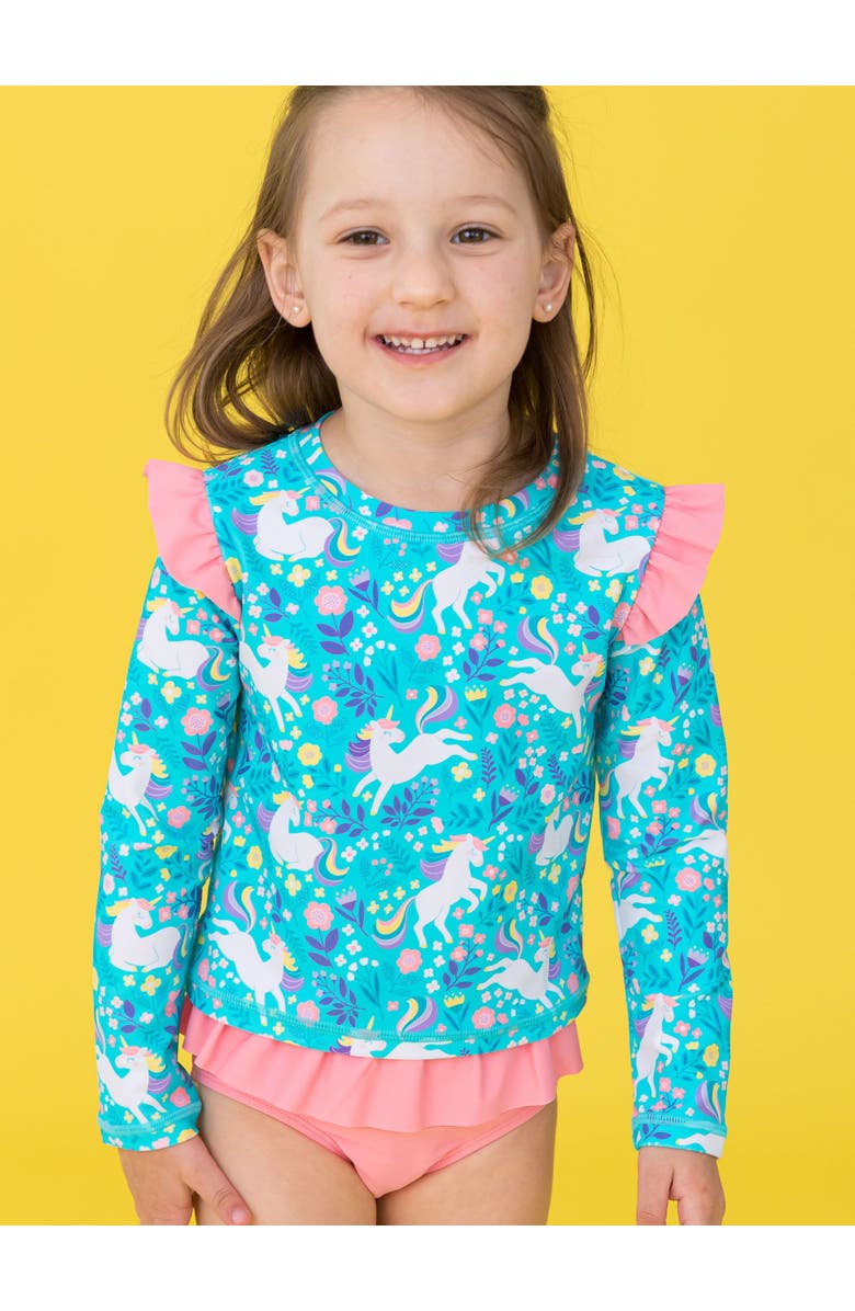 RuffleButts Baby/Toddler Girls UPF50+ Sun Protected Skirted Flutter Long Sleeve Rash Guard Bikini, Alternate, color, Bright Aqua Unicorn Meadow