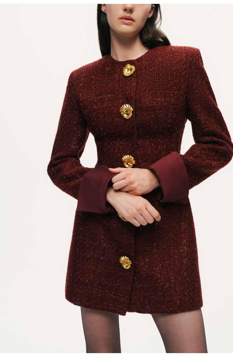 Nocturne Gold-Button Bouclé Mini Dress, Alternate, color, Burgundy