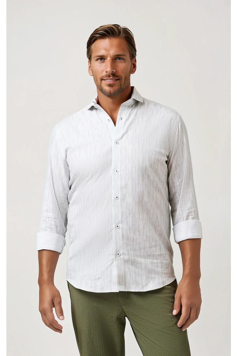 Linen Stripe LS Button-Up Shirt, Alternate, color, Olive