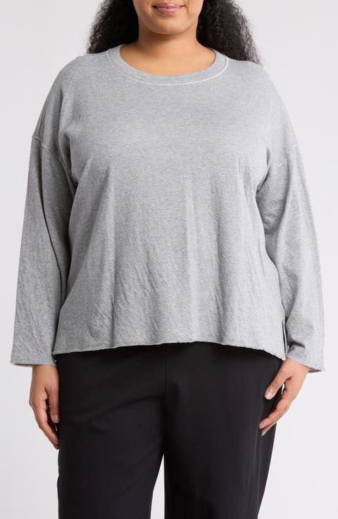 Crewneck Long Sleeve Boxy Organic Cotton Top (Plus)
