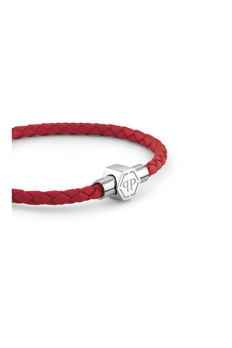 Leather Stainless Steel Bracelet Plein Tag Men, Alternate, color, red/silver