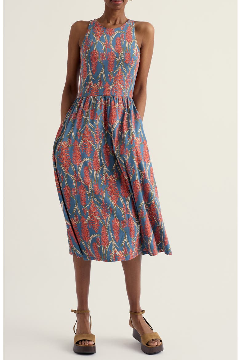 Porthmeor Wave Floral Stretch Organic Cotton Jersey Midi Dress, Main, color, RED HOT POKER DUSK