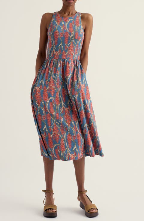 Porthmeor Wave Floral Stretch Organic Cotton Jersey Midi Dress