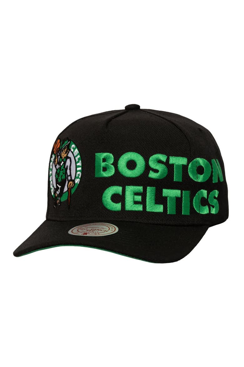 Men's Mitchell & Ness  Black Boston Celtics Busted Logo Wordmark Wrap-Around Pro Pinch Adjustable Hat, Main, color, Black