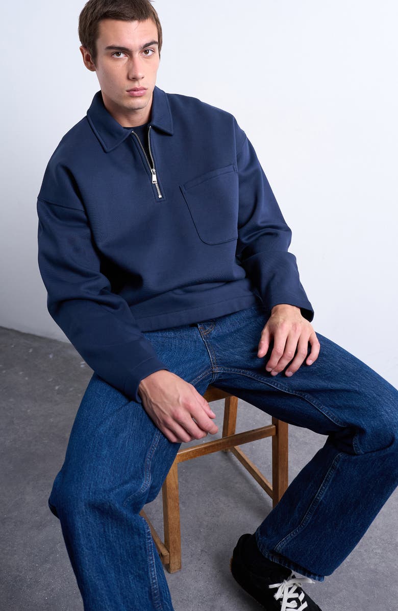 Topman Oversize Long Sleeve Quarter Zip Polo, Alternate, color, Navy