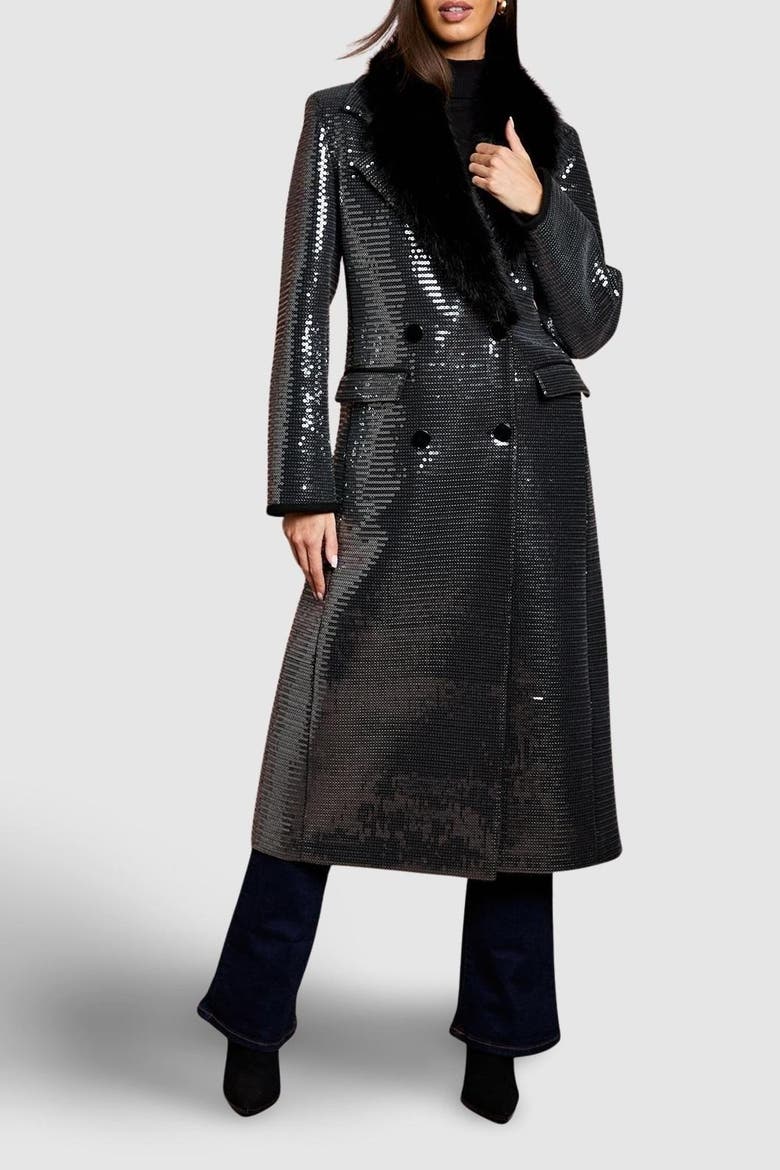 Faux Fur Collar Sequin Longline Coat, Alternate, color, Black