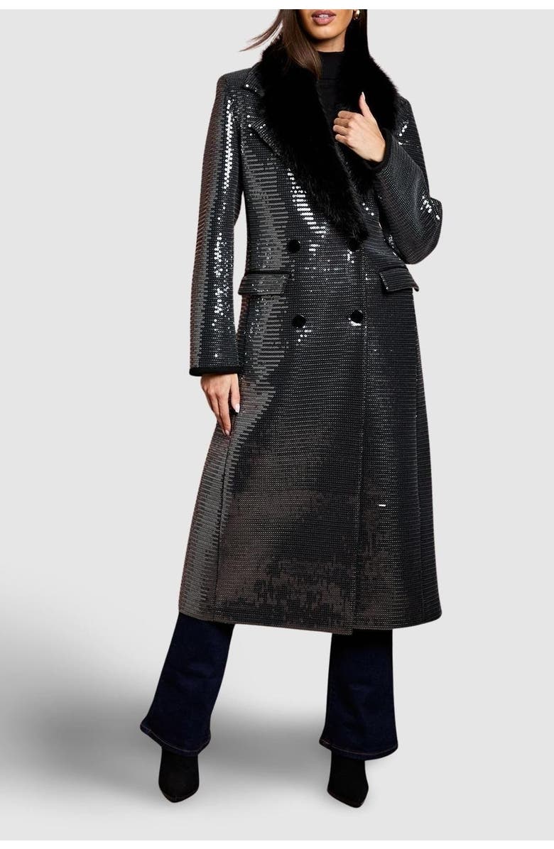 Coast Faux Fur Collar Sequin Longline Coat, Alternate, color, Black