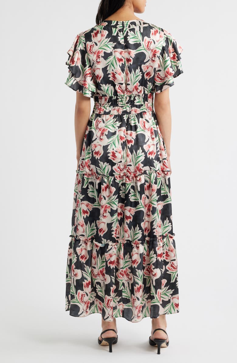 Julia Jordan Floral Tiered Split Neck Ruffle Sleeve Satin Dress, Alternate, color, Black Multi