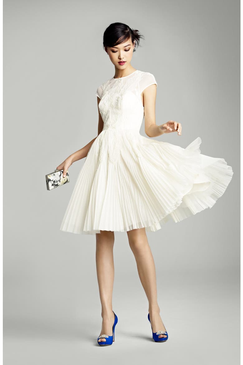 'Miyaa' Embroidered Mesh Fit & Flare Dress, Alternate, color, CREAM