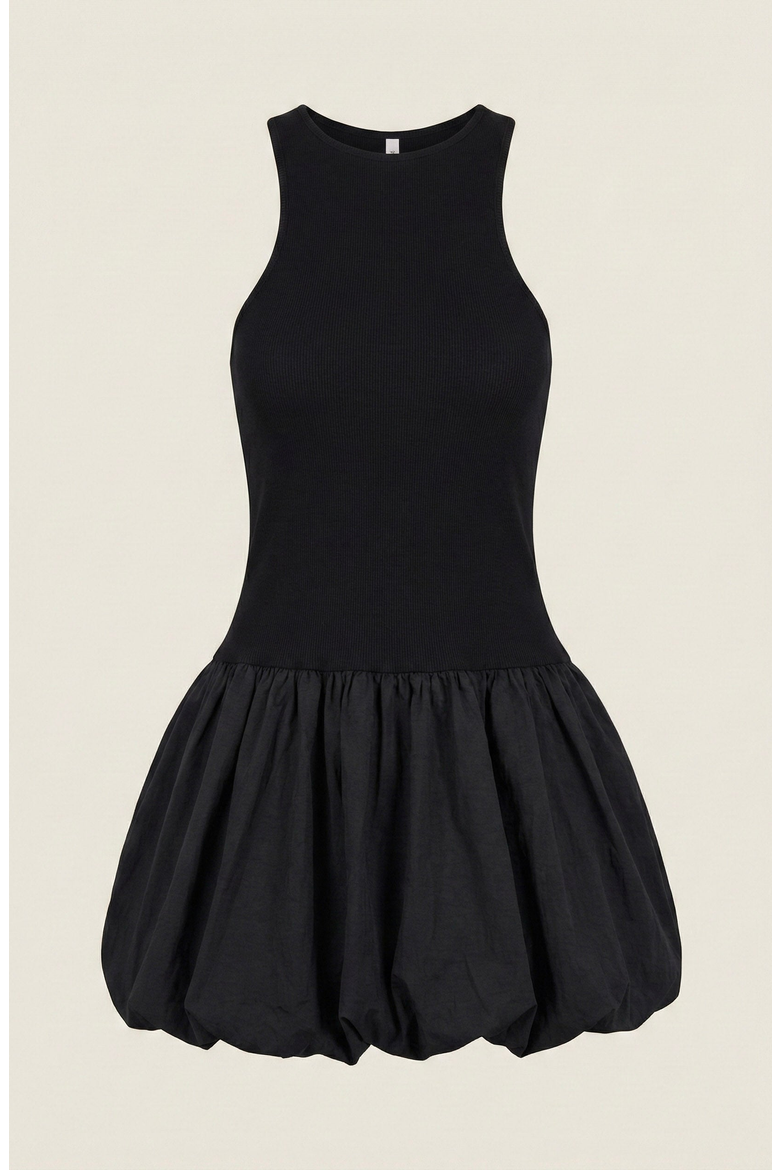 Mixed Media Racerback Mini Dress with Bubble Hem Skirt, Alternate, color, Black