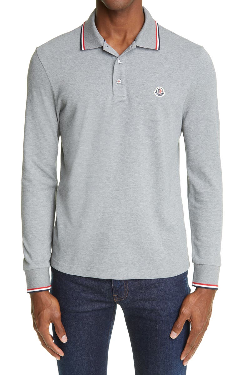 Moncler Tipped Long Sleeve Piqué Polo, Main, color, 