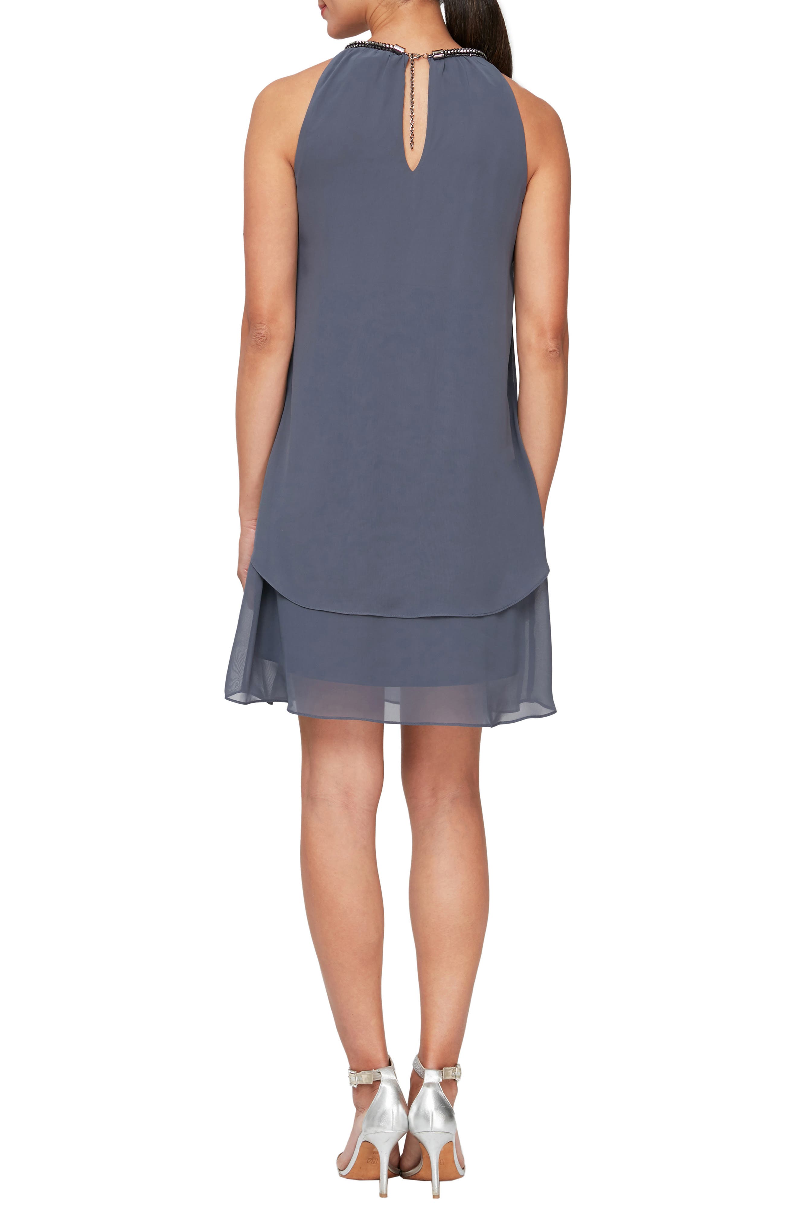 SLNY Embellished Neck Chiffon Ruffle Dress (Women)