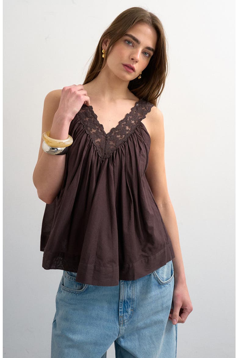 Deep V-Neck Lace Trapeze Top, Main, color, BROWN