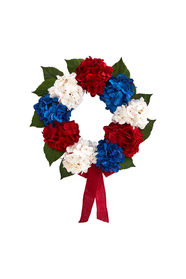 24-in Red, White and Blue Americana Hydrangea Artificial Wreath, Main, color, Red/White/Blue