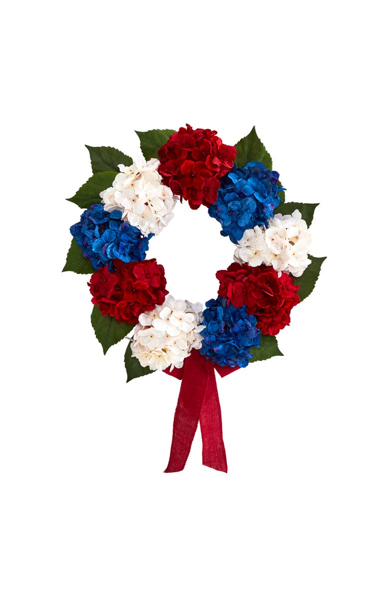 NEARLY NATURAL 24-in Red, White and Blue Americana Hydrangea Artificial Wreath, Main, color, Red/White/Blue