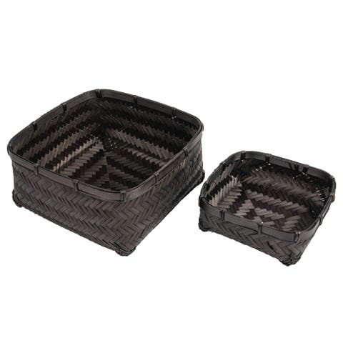 Wood & Water Hyacinth Baskets, Black, Set of 2