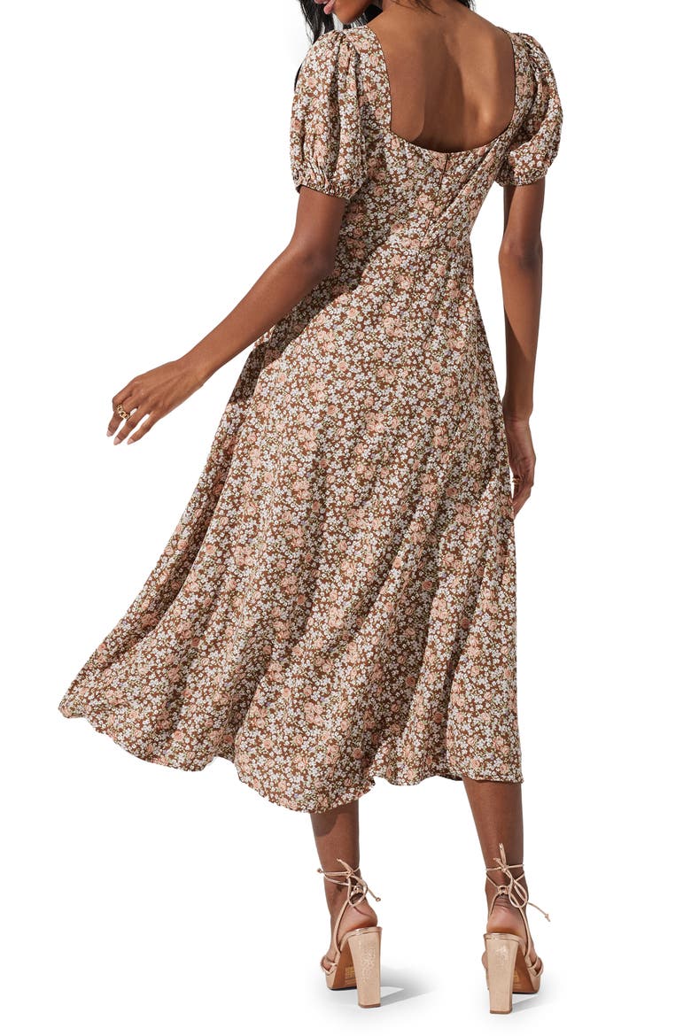 Lace-Up Puff Sleeve Midi Dress, Alternate, color, BROWN FLORAL