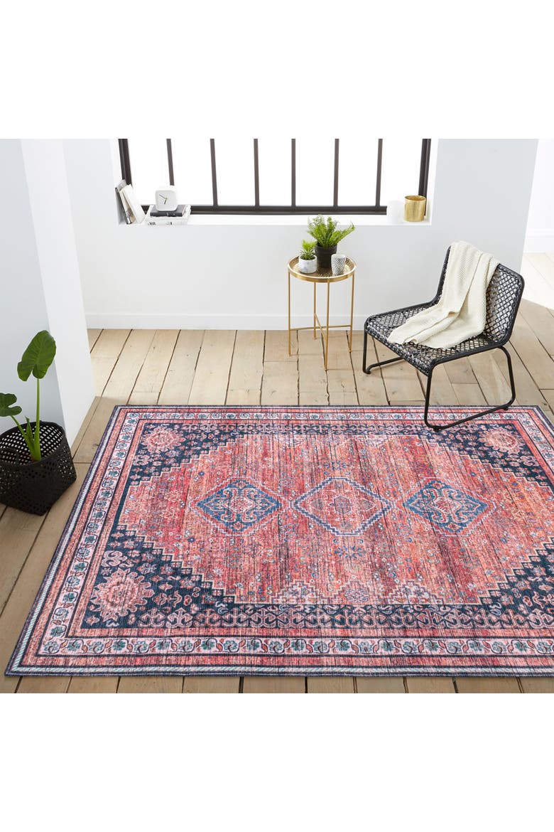 Dalyan Geometric Medallions Machine-Washable Area Rug, Alternate, color, Terra/Navy-Round