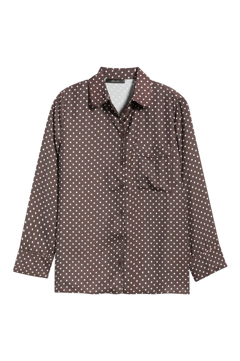 Survivor Polka Dot Print Button-Up Shirt, Main, color, CHOCOLATE BASE WITH ECRU DOTS