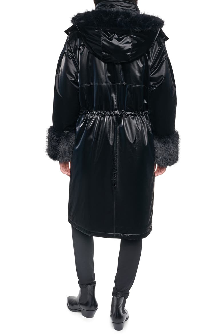 Faux Fur Cuff Nylon Velvet Puffer Coat, Alternate, color, BLACK