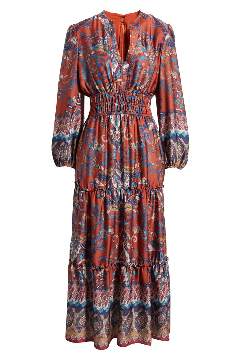 Paisley Floral Long Sleeve Tiered Dress, Alternate, color, RUST MULTI
