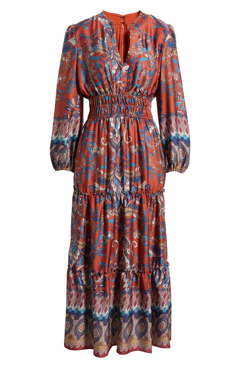 Julia Jordan Paisley Floral Long Sleeve Tiered Dress, Alternate, color, Rust Multi