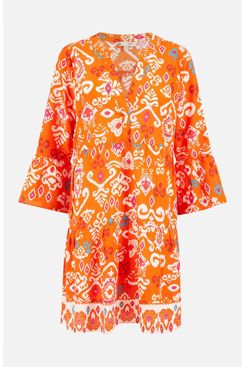 Flared Ikat Print 3/4 Sleeve Tunic Dress, Alternate, color, Orange