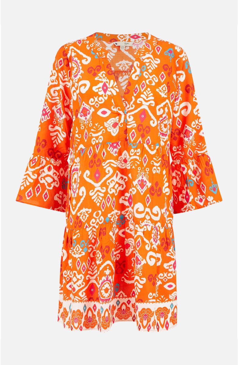 Yumi Flared Ikat Print 3/4 Sleeve Tunic Dress, Alternate, color, Orange