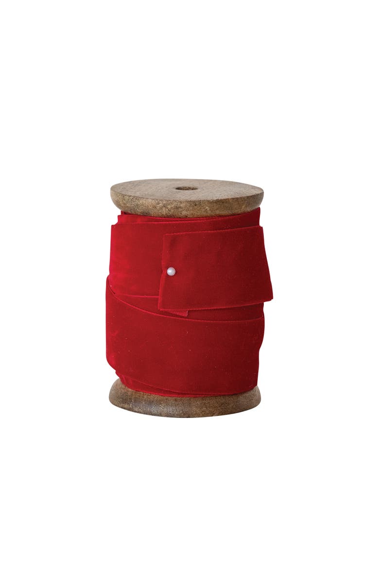 Velvet Ribbon on Mango Wood Spool, Main, color, Red