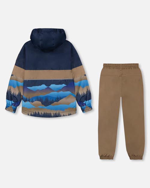 Deux Par Deux Little Boy's Colorblock Printed Two-piece Mid-season Outerwear Set Navy Blue Mountains In Navy Blue Mountains And Taupe