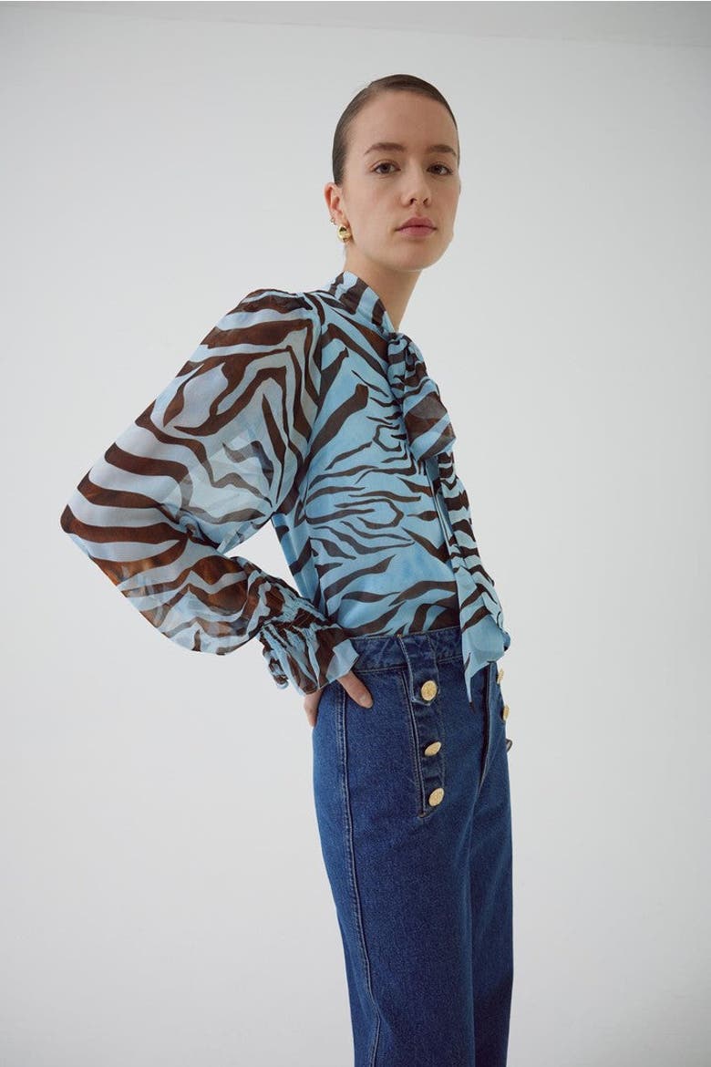 Bryan Zebra Blouse, Alternate, color, BLUE-BROWN