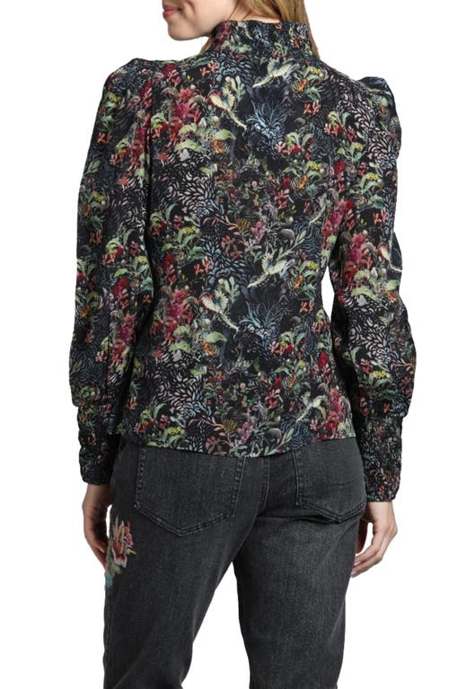 Apny Puff Shoulder Button Front Top In Black/green Multi