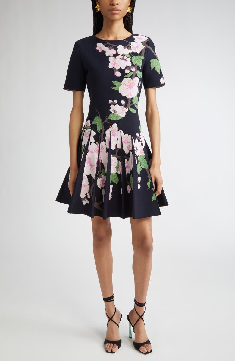 Oscar de la Renta Cherry Blossom Pleated Jacquard Knit Fit & Flare Dress, Main, color, Navy/ Pink