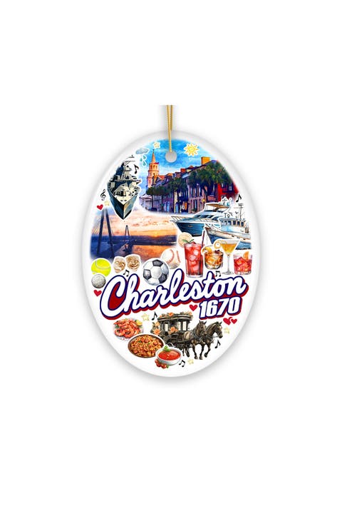 Charleston Est 1670 Watercolor Landmarks Oval Ornament