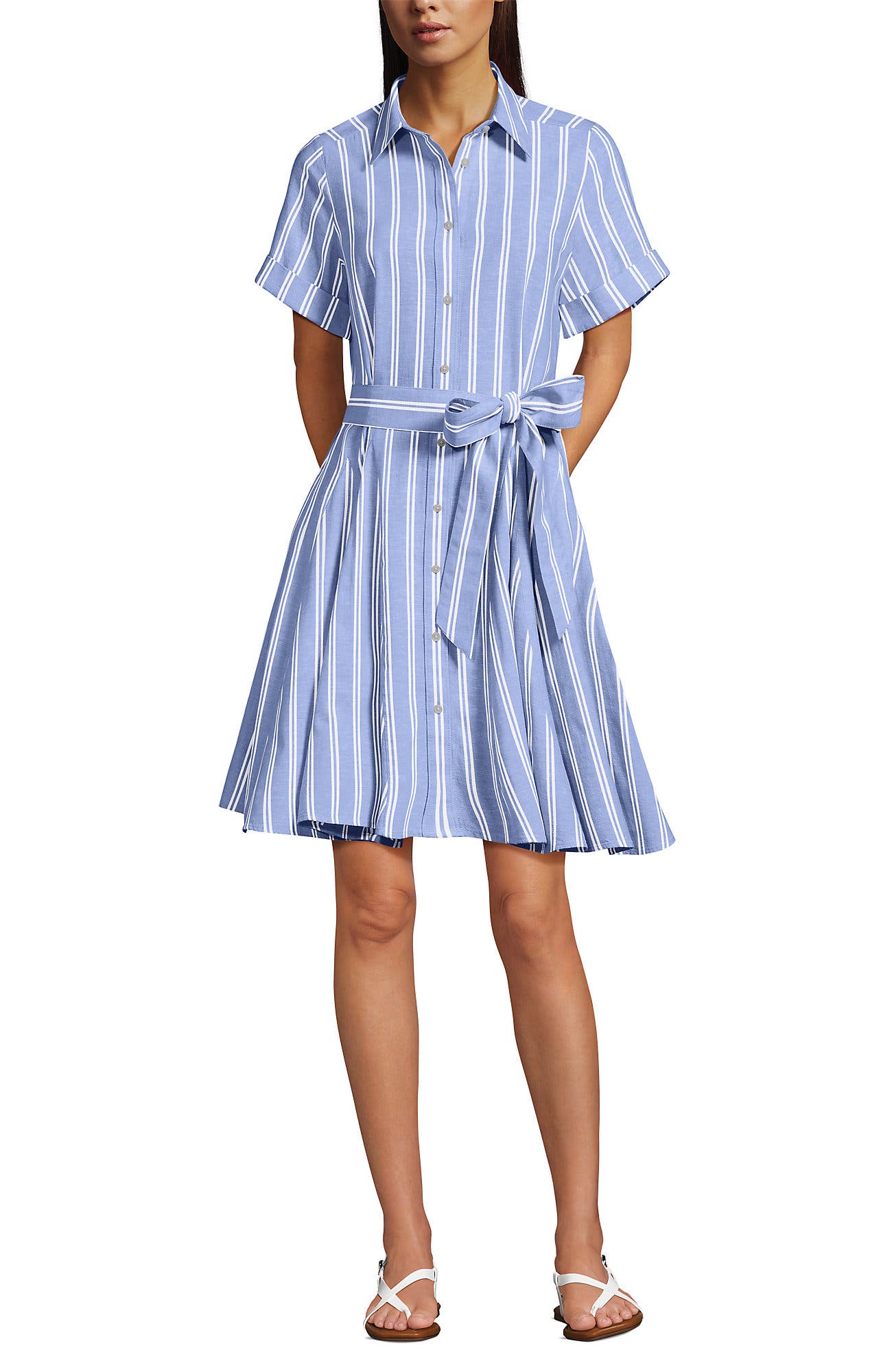 Linen Blend Button Front Dress with Godets