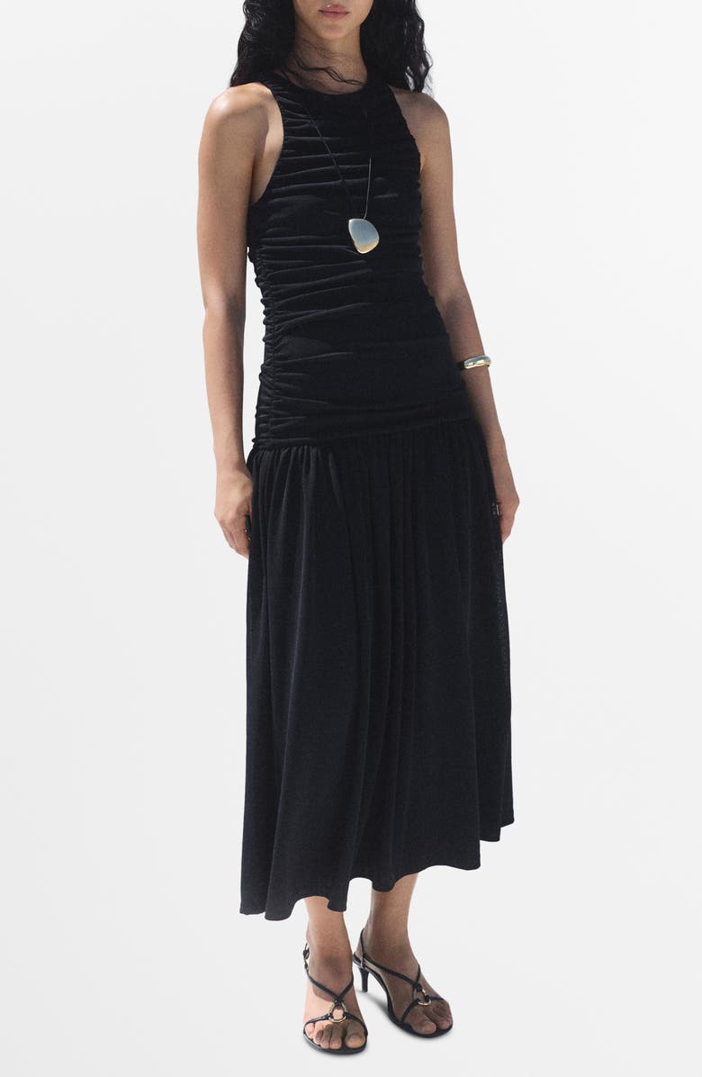 MANGO Gathered Sleeveless Midi Dress, Main, color, Black
