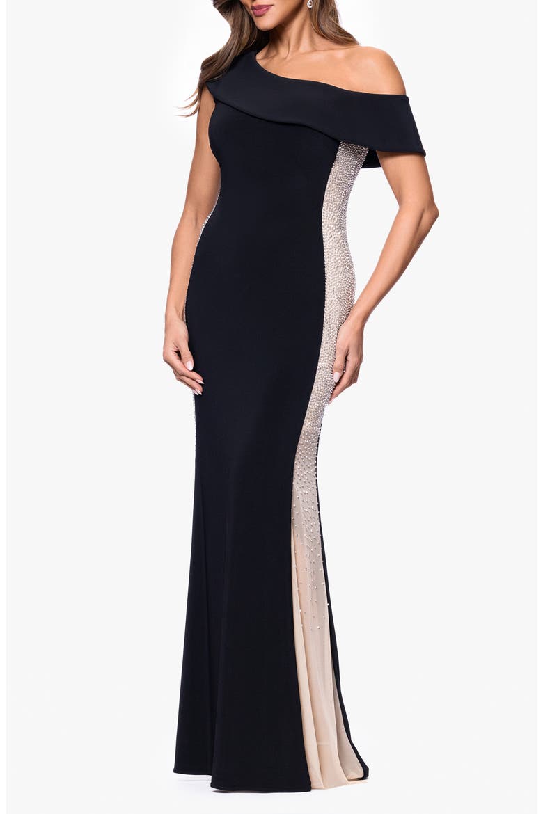 Crystal Mesh Detail One-Shoulder Sheath Detail, Alternate, color, BLACK/ NUDE/ SILVER