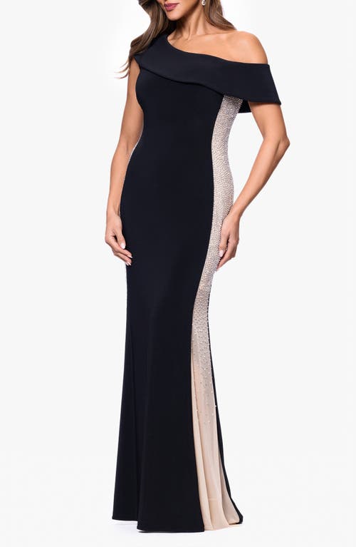 Xscape Evenings Crystal Mesh Detail One-shoulder Sheath Detail In Black/nude/silver