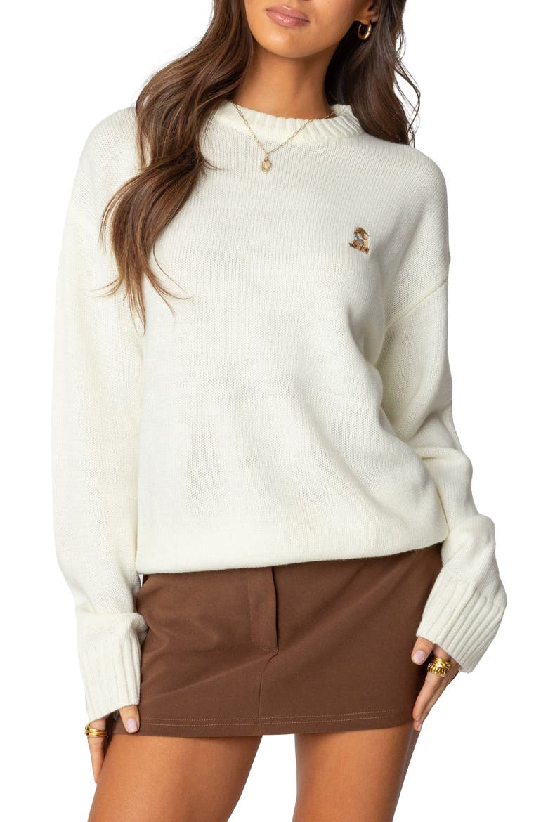 Puppy Love Embroidered Sweater, Main, color, WHITE