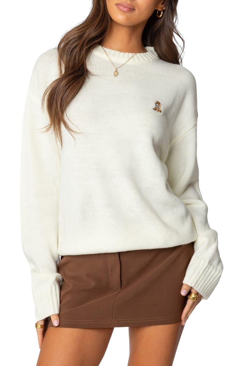 EDIKTED Puppy Love Embroidered Sweater, Main, color, White