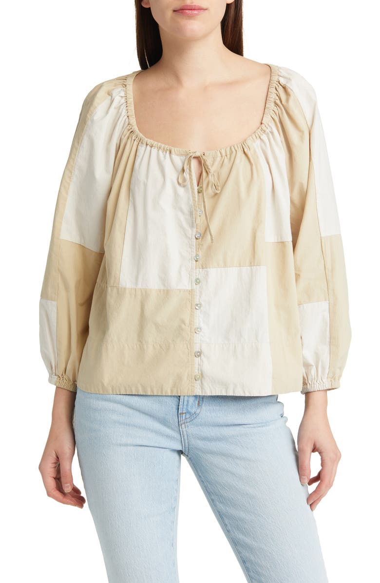 Madewell Patchwork Tie Front Poplin Top, Main, color,