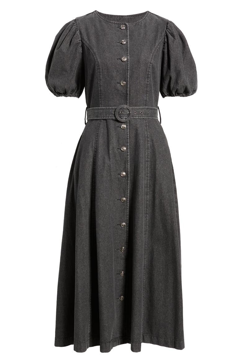 Puff Sleeve Belted Cotton Blend Denim Shirtdress, Alternate, color, BLACK DENIM