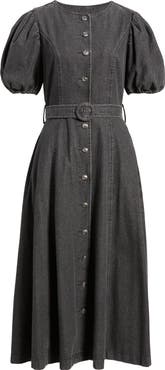 FREEMARKET Puff Sleeve Belted Cotton Blend Denim Shirtdress