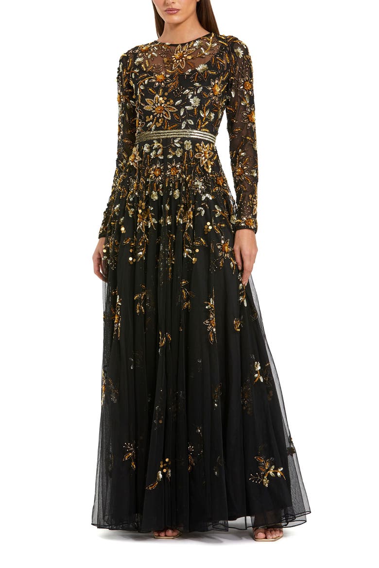 High Neck Long Sleeve Jersey And Brocade Ballgown, Alternate, color, Black Gold