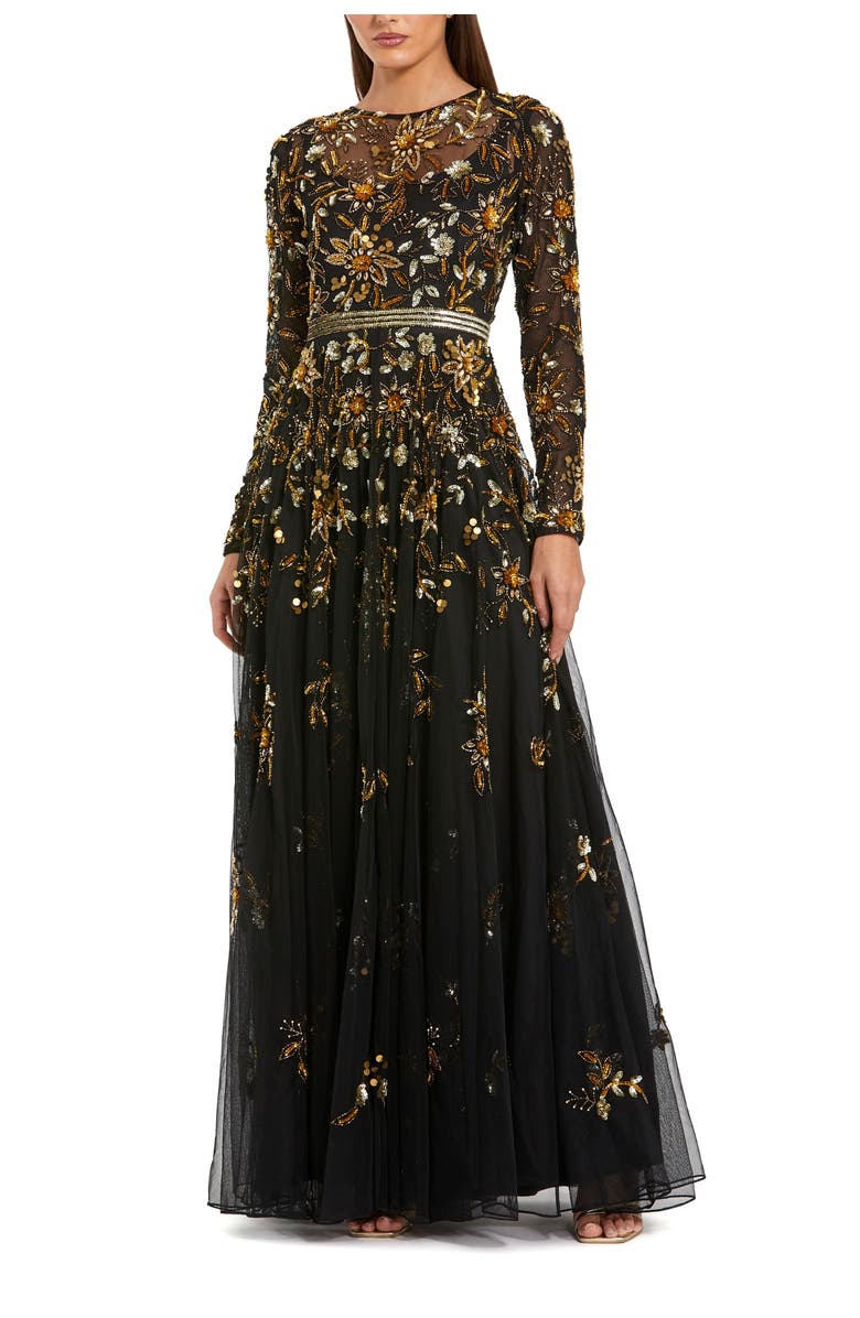 Mac Duggal High Neck Long Sleeve Jersey And Brocade Ballgown, Alternate, color, Black Gold