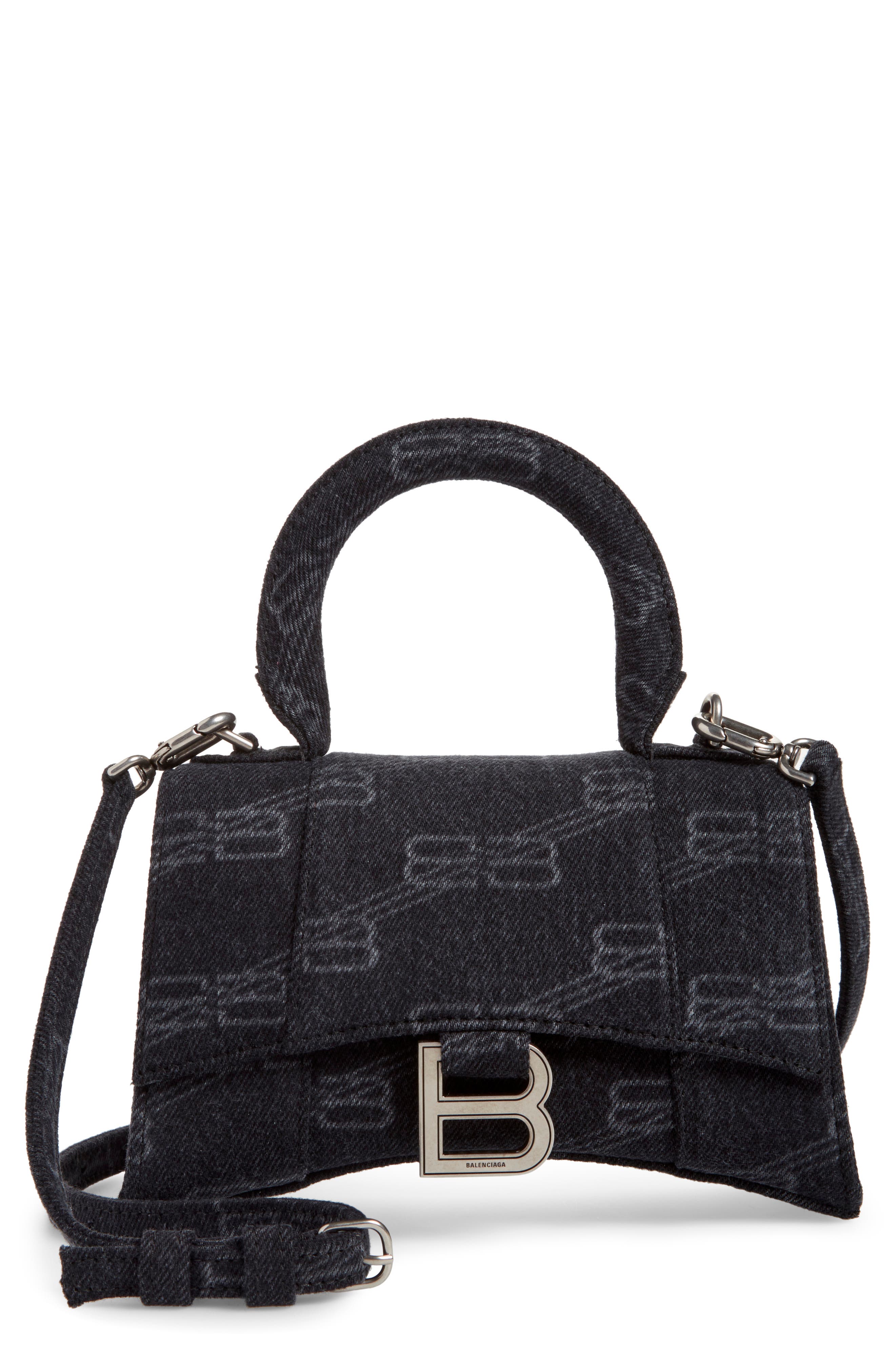 Balenciaga Extra Small Denim Logo Hourglass Top Handle Bag, Main, color, 