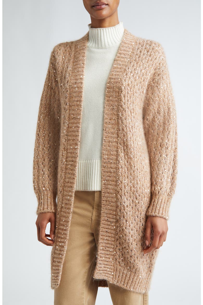 Sequin Open Front Longline Cardigan, Alternate, color, CAMEL
