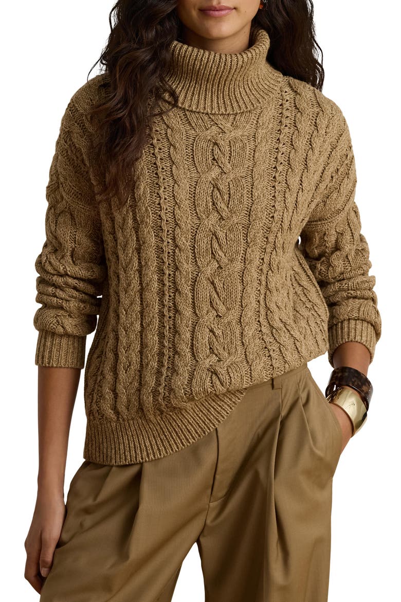Cable Knit Cotton Turtleneck Sweater, Main, color, BROWN