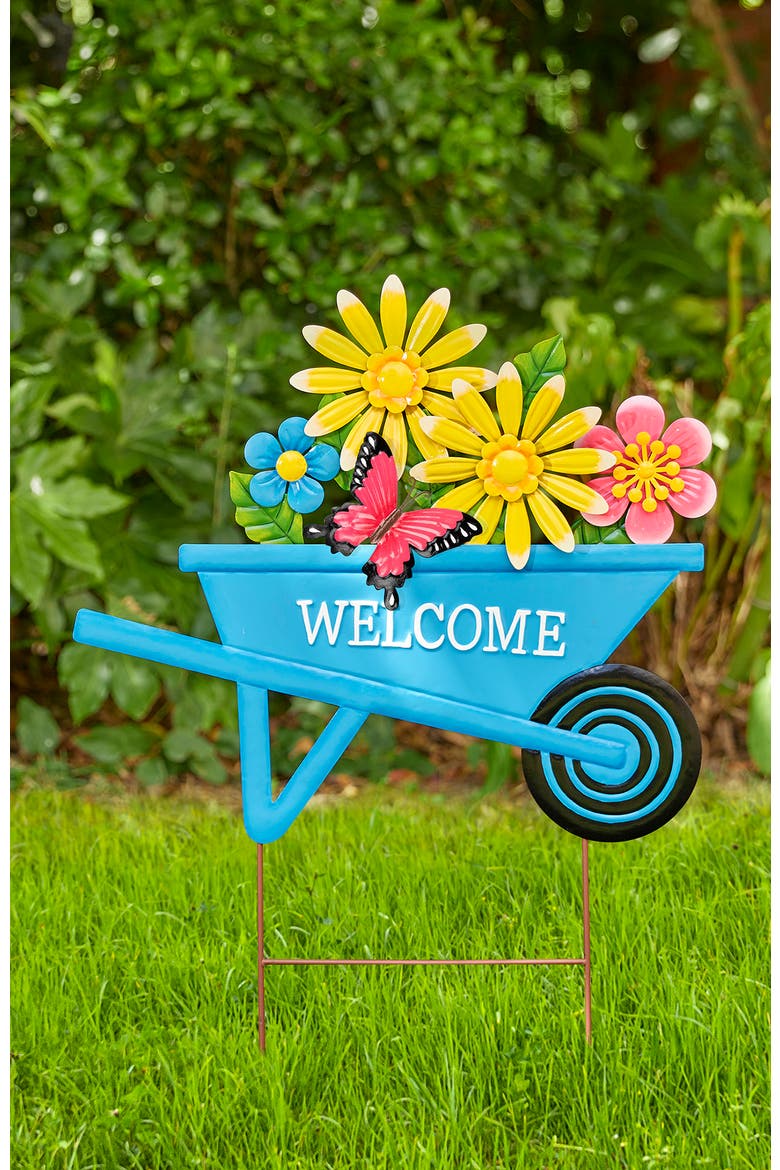 30"H Metal Spring Garden Cart Yardstake or Wall Décor, Alternate, color, Blue