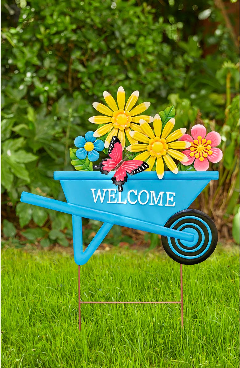 Glitzhome 30"H Metal Spring Garden Cart Yardstake or Wall Décor, Alternate, color, Blue